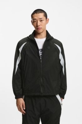 Hooded windbreaker jacket with colour-blocking, Black