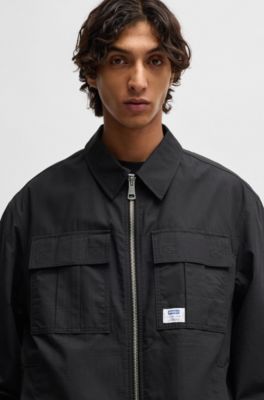 Ripstop-cotton regular-fit jacket with logo label, Black
