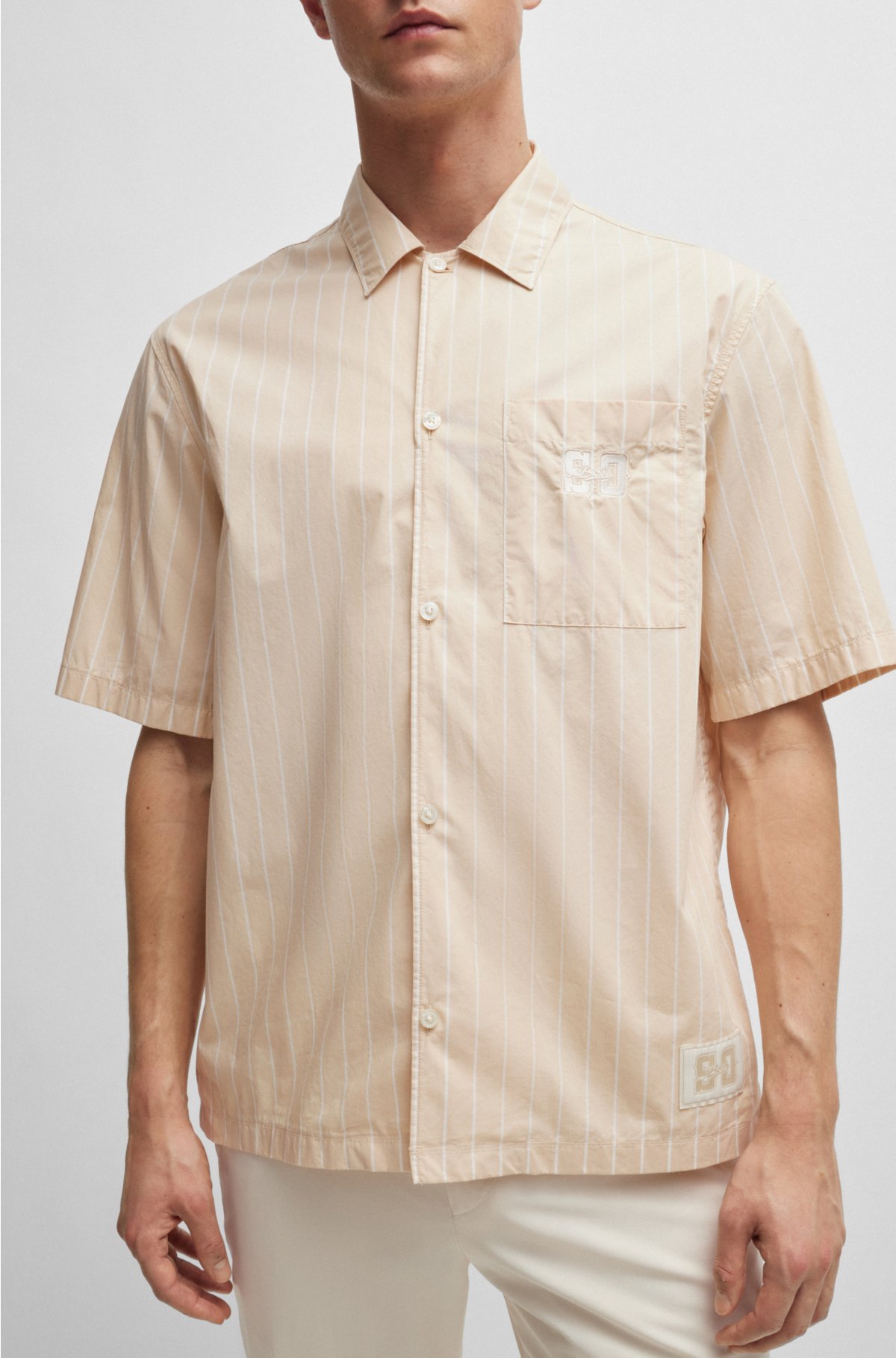 BOSS x Shohei Ohtani relaxed-fit striped cotton-poplin shirt, Light Beige