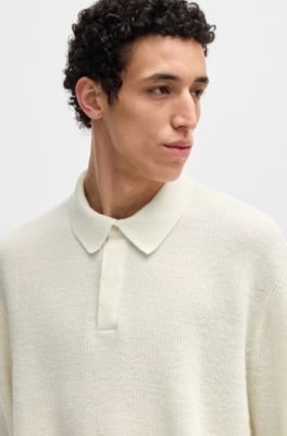 Polo-collar sweater in linen and cashmere, White