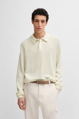 Polo-collar sweater in linen and cashmere, White