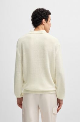 Polo-collar sweater in linen and cashmere, White