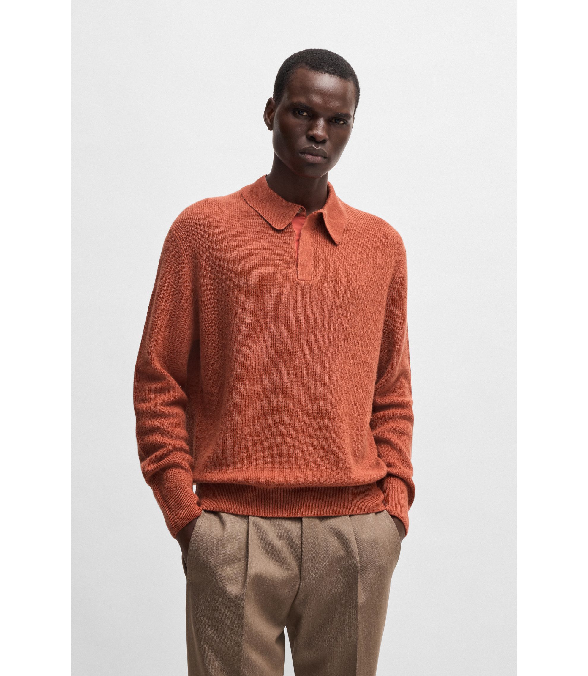 BOSS - Polo-collar sweater in linen and cashmere - Dark Orange
