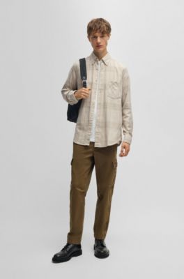 Regular-fit shirt in cotton flannel, Beige Patterned