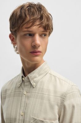 Regular-fit shirt in cotton flannel, Beige Patterned