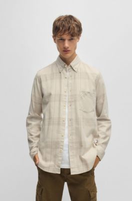 Regular-fit shirt in cotton flannel, Beige Patterned