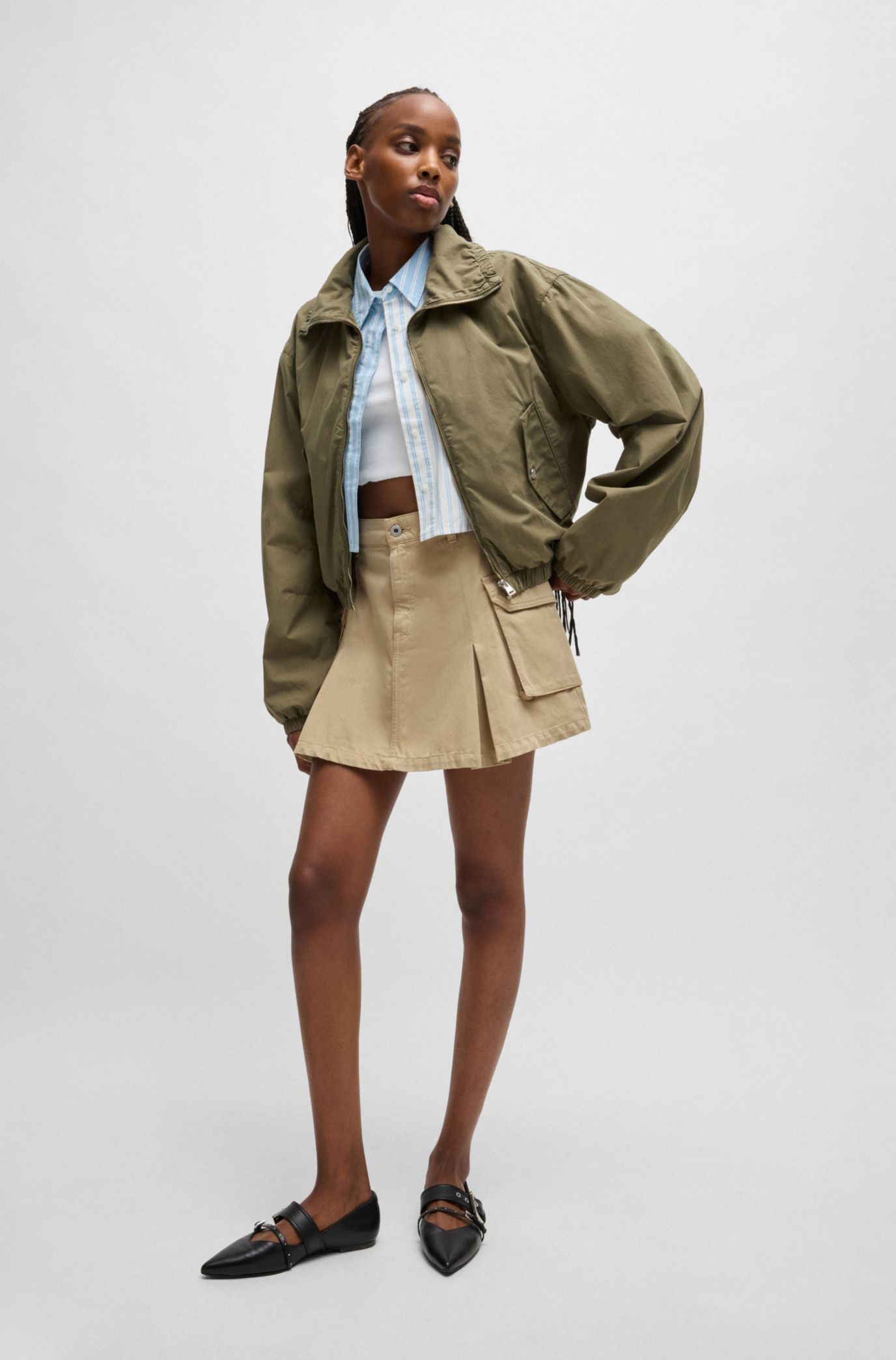 HUGO - プリーツフロント カーゴスカート コットンツイル - ベージュ