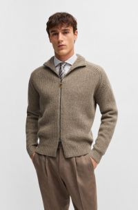 Zip-up cardigan in virgin wool and cashmere, Light Brown