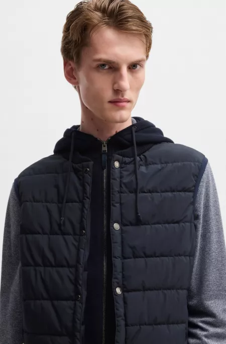 Hooded gilet in wool with down-blend front panel