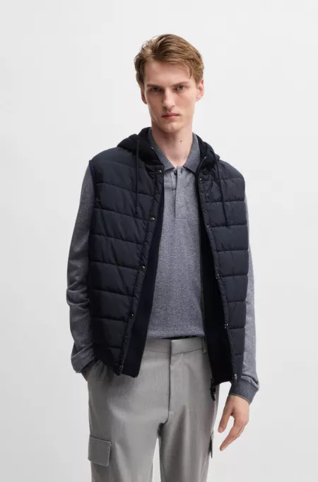 Hooded gilet in wool with down-blend front panel