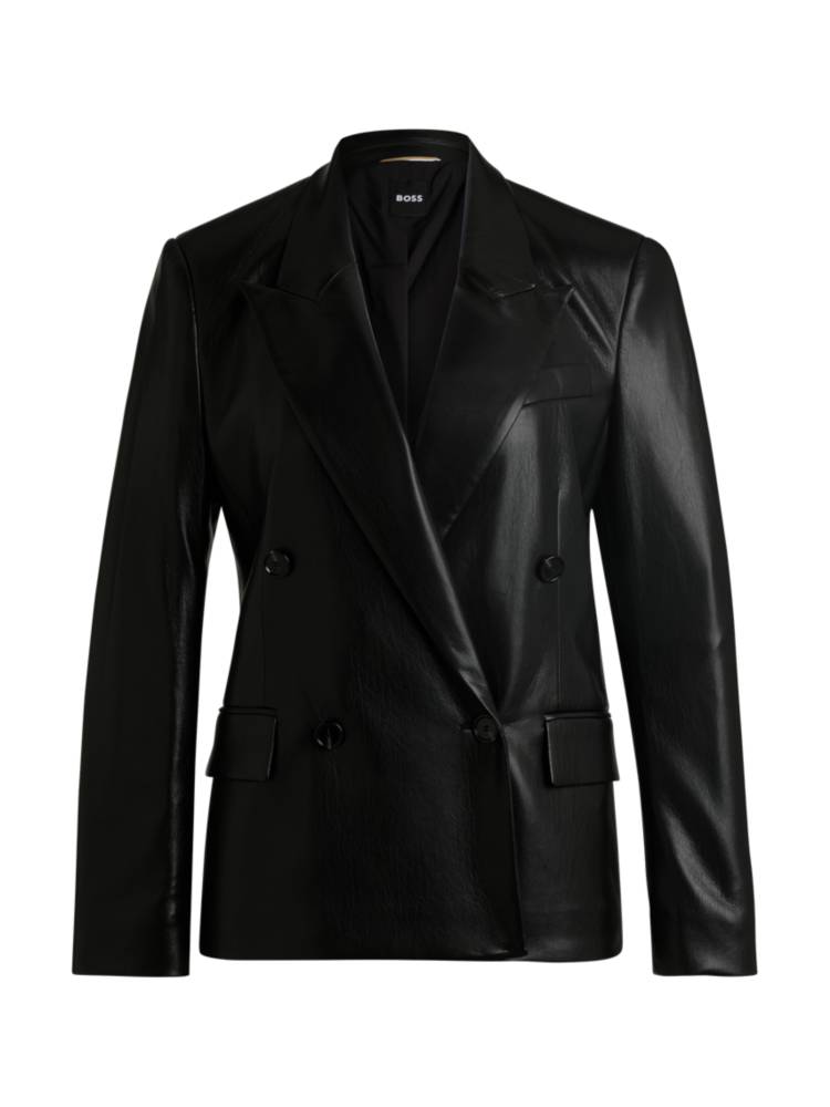 Artikel klicken und genauer betrachten! - Zeitgemäßer BOSS Blazer. Der schicke Style mit gerader Passform ist aus synthetisch beschichtetem Textil gefertigt und wird mit einer zweireihigen Knopfleiste geschlossen. Synthetisch beschichtetes Textil, manchmal auch als Kunstleder bezeichnet, ist ein Gewebe, das echtem Leder ähnelt und/oder ein mattes, glänzendes, glattes oder strukturiertes beschichtetes Erscheinungsbild aufweist.  | im Online Shop kaufen