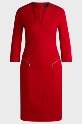 V-neck dress with zipped pockets and cropped sleeves, Red