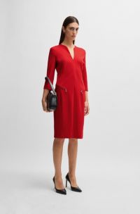 V-neck dress with zipped pockets and cropped sleeves, Red