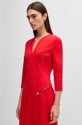 V-neck dress with zipped pockets and cropped sleeves, Red