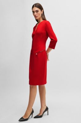 V-neck dress with zipped pockets and cropped sleeves, Red