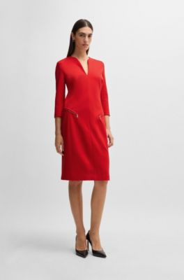 V-neck dress with zipped pockets and cropped sleeves, Red