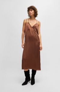 Vestito in satin effetto stropicciato con spalline, Marrone
