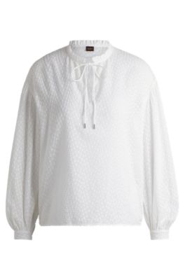 Camicetta relaxed fit in cotone a motivi con colletto con volant, Bianco