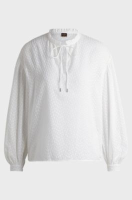 Relaxed-fit blouse in patterned cotton with ruffle collar, White