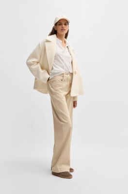 Camicetta relaxed fit in cotone a motivi con colletto con volant, Bianco