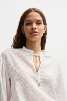 Relaxed-fit blouse in patterned cotton with ruffle collar, White