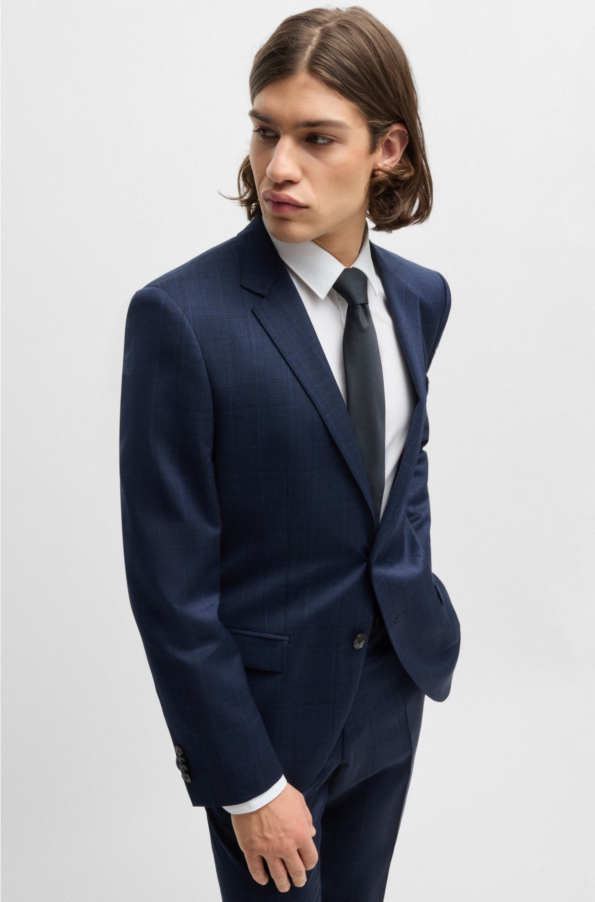 Slim-fit suit in checked stretch virgin wool, Dark Blue