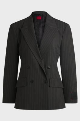 Regular-fit blazer van stretchmateriaal met krijtstrepen, Grijs met dessin