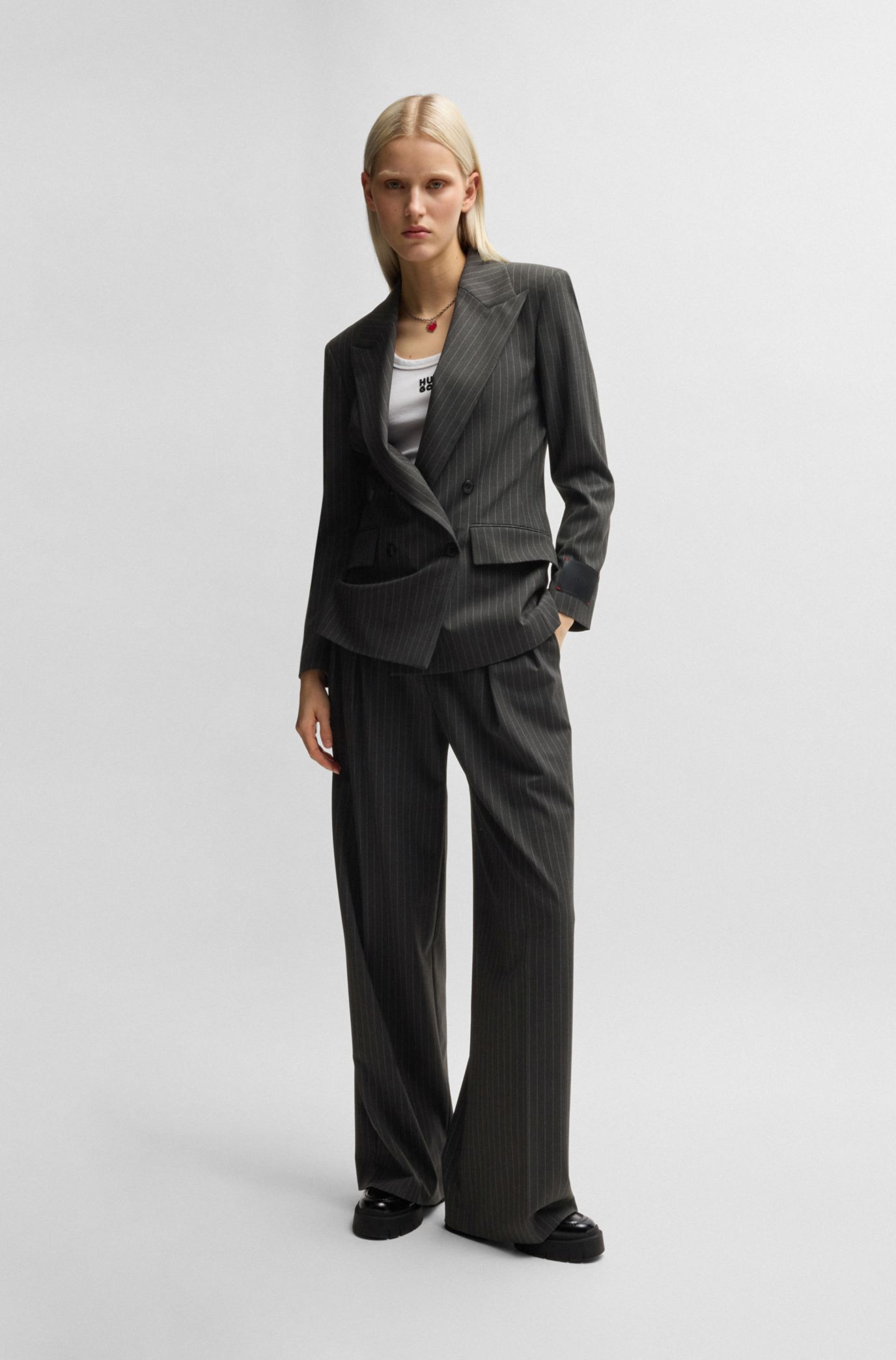 Regular-fit blazer in pinstripe stretch material, Grey Patterned