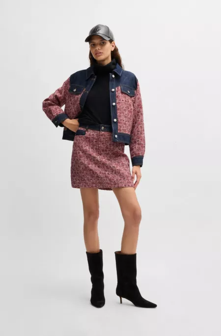 Multicoloured-tweed jacket with denim trims