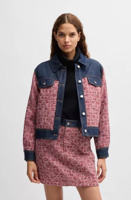 Multicoloured-tweed jacket with denim trims