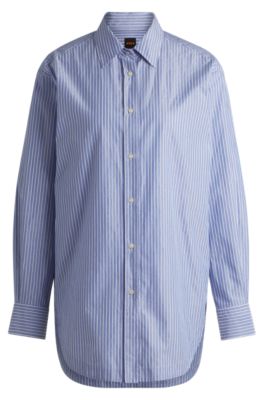 Relaxed-fit blouse in striped cotton-blend poplin, Blue