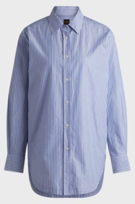 Relaxed-fit blouse in striped cotton-blend poplin, Blue