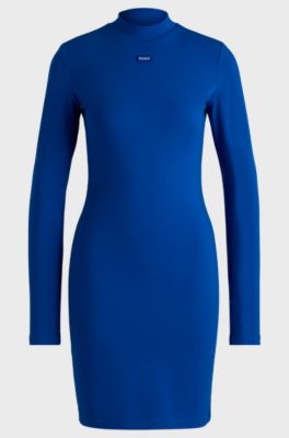 Bodycon dress in stretch cotton with logo badge, Blue