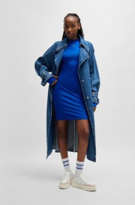 Bodycon dress in stretch cotton with logo badge, Blue