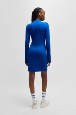 Bodycon dress in stretch cotton with logo badge, Blue