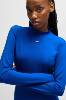 Bodycon dress in stretch cotton with logo badge, Blue