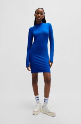 Bodycon dress in stretch cotton with logo badge, Blue