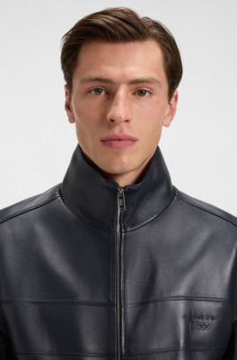 Porsche x BOSS regular-fit jacket in leather, Dark Blue