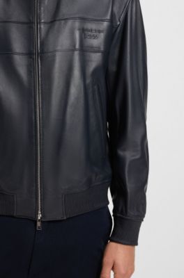 Porsche x BOSS regular-fit jacket in leather, Dark Blue