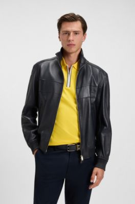 Porsche x BOSS regular-fit jacket in leather, Dark Blue