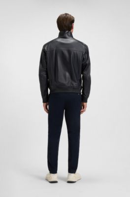 Porsche x BOSS regular-fit jacket in leather, Dark Blue