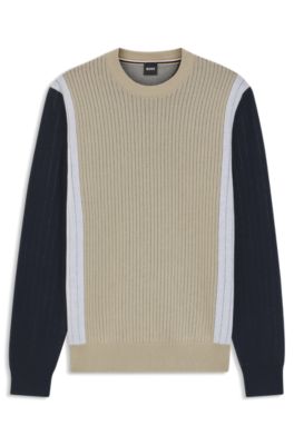 Cotton sweater with jacquard stripes, Light Beige