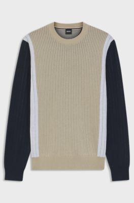 Cotton sweater with jacquard stripes, Light Beige