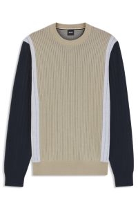 Cotton sweater with jacquard stripes, Light Beige