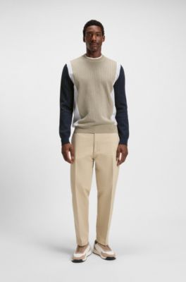 Cotton sweater with jacquard stripes, Light Beige