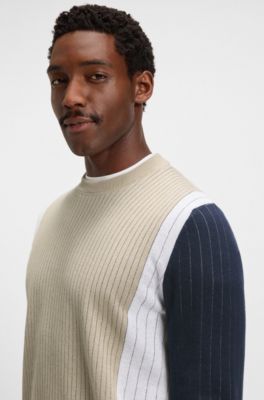 Cotton sweater with jacquard stripes, Light Beige