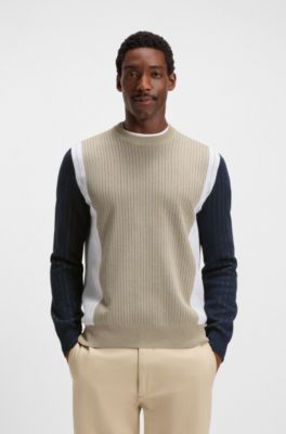 Cotton sweater with jacquard stripes, Light Beige