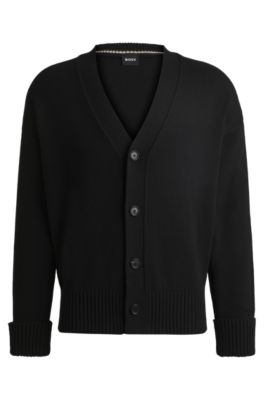 Relaxed-fit cardigan with button front and ribbed cuffs, Black