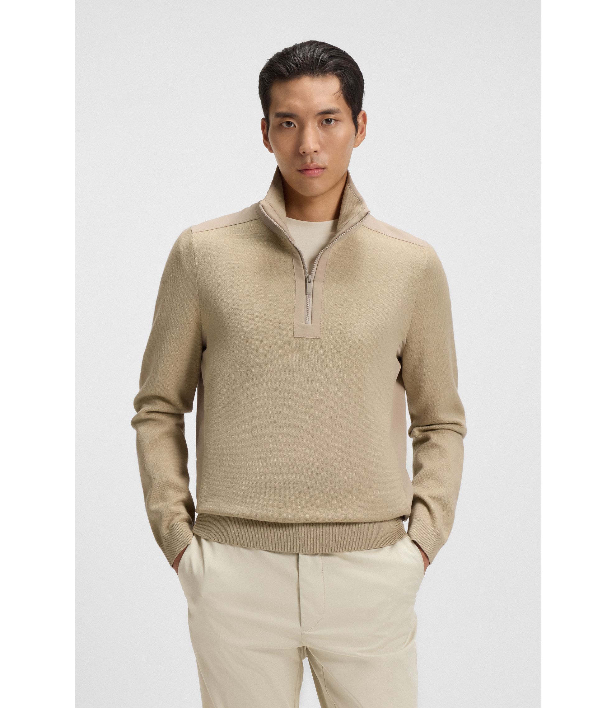 BOSS - Zip-neck sweater with softshell trims - Light Beige