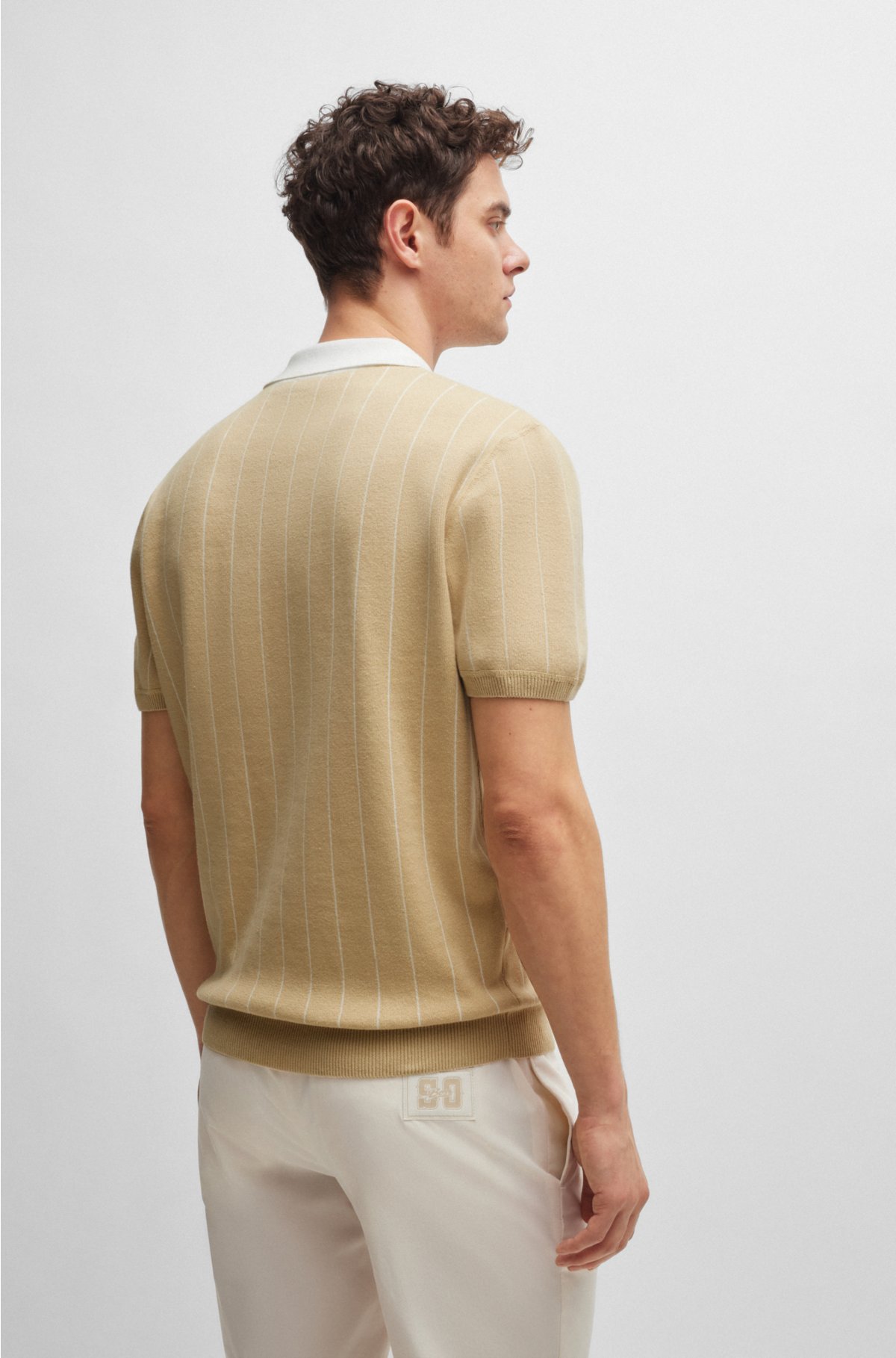 BOSS x Shohei Ohtani cotton-knit polo shirt with monogram patch, Light Beige